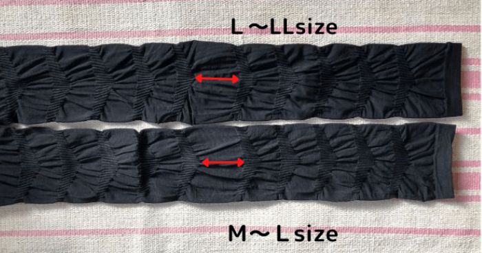 グラマラスパッツのM〜Lサイズ、L〜LLサイズを並べて脚の加圧幅を比較している